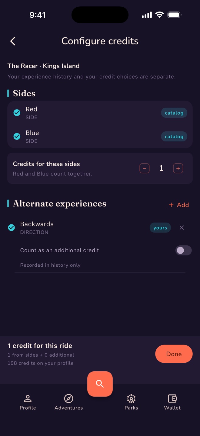 The Racer credit controls: Red and Blue are both ridden and count together as one credit. A Backwards experience stays in the history without adding another credit.