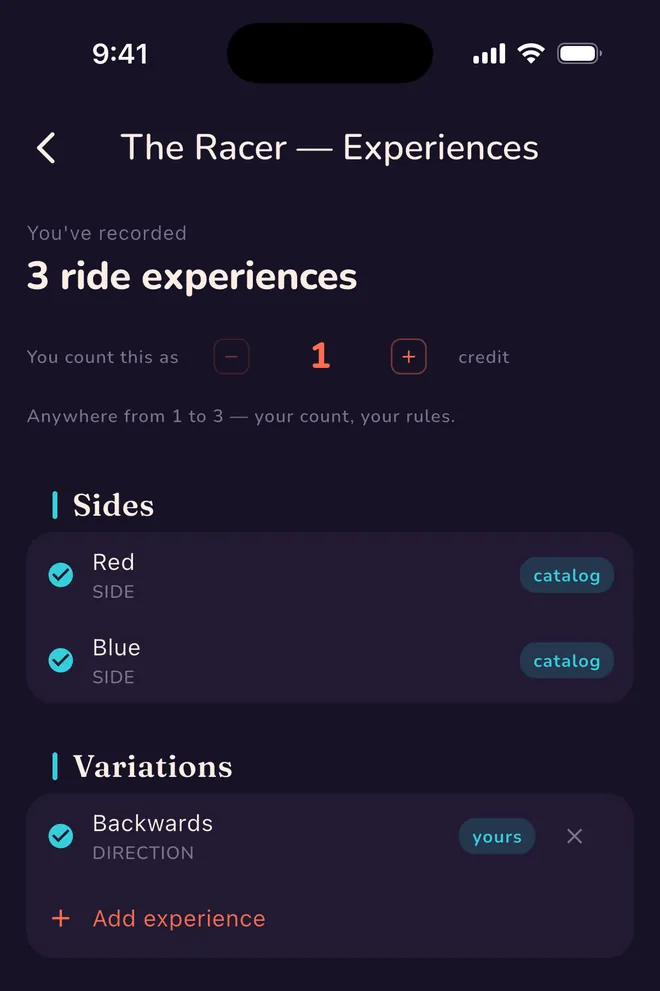 The experiences screen for The Racer: three ride experiences recorded, a stepper set to count them as 1 credit, and the line reading anywhere from 1 to 3, your count, your rules. Red and Blue are tagged as catalog sides; a Backwards variation is tagged as yours.