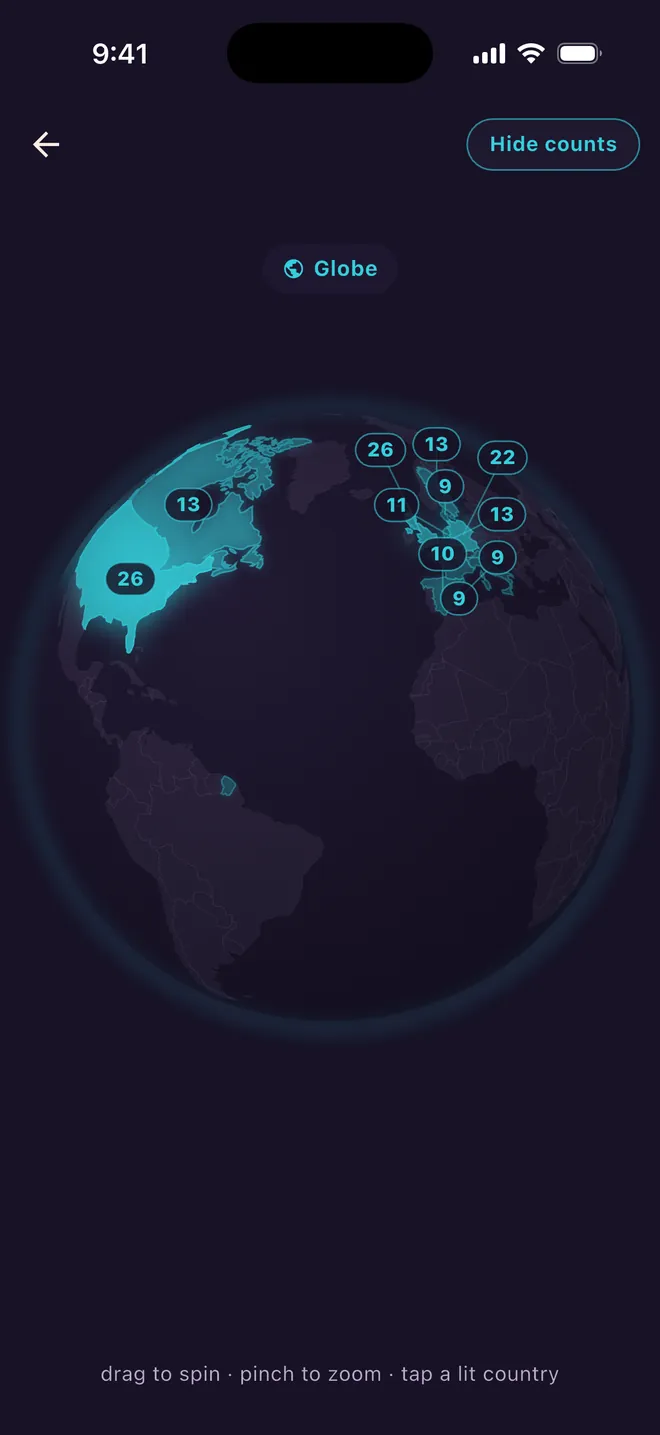 A globe in the app with countries across Europe and North America lit up, each carrying a count of how many coasters have been ridden there.