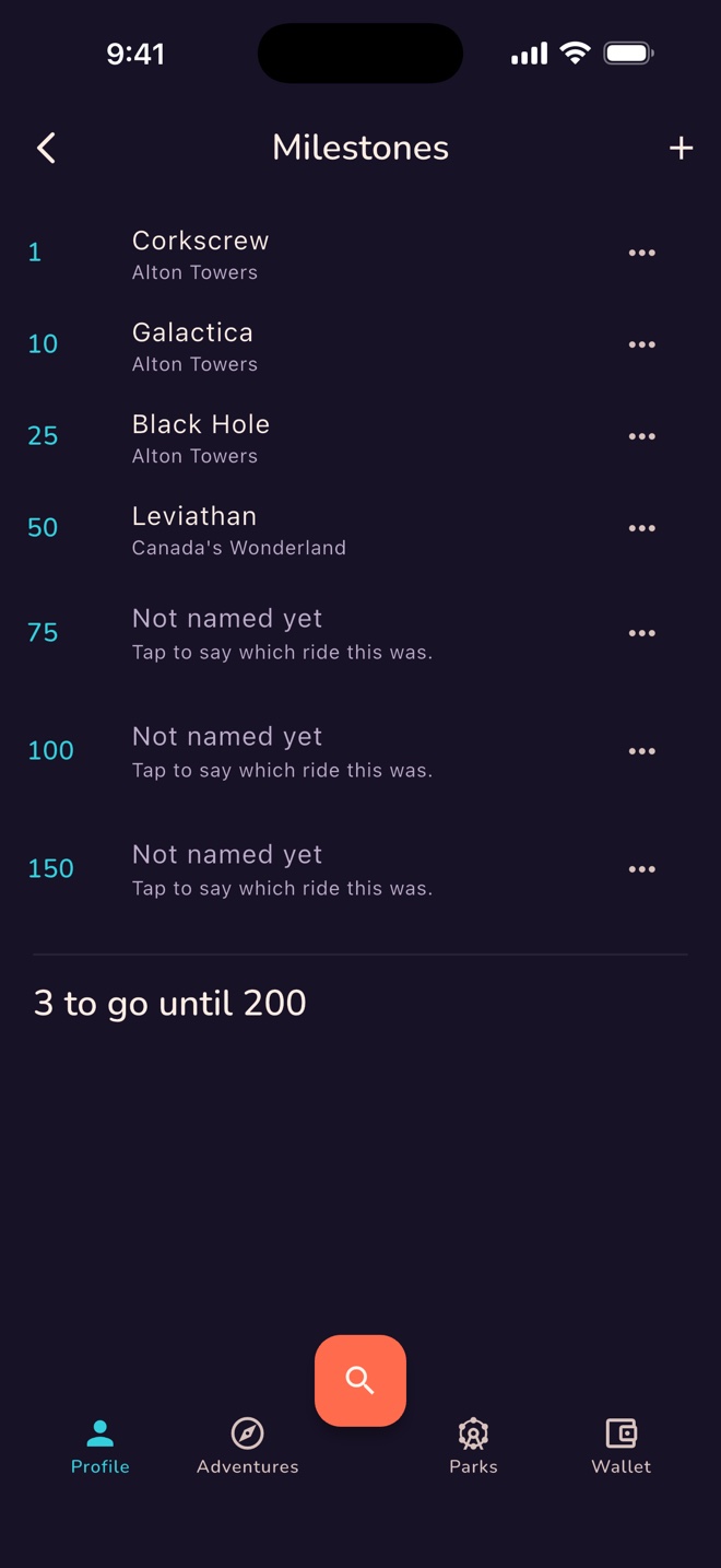 The Milestones screen: Corkscrew as credit 1, Galactica as 10, Black Hole as 25, Leviathan as 50, and three credits to go until 200.