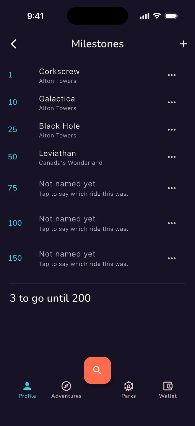 The Milestones ladder: number 1 named as Corkscrew at Alton Towers, 10 as Galactica, 25 as Black Hole, 50 as Leviathan, with 75, 100 and 150 not yet named, and a line reading 3 to go until 200.