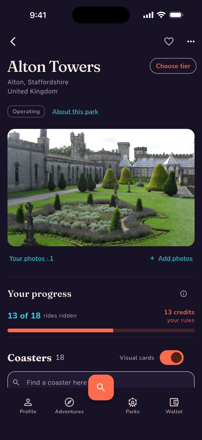 Alton Towers with a sample photo of the gardens, 13 of 18 rides ridden, and 13 credits under the sample rider’s counting rules.
