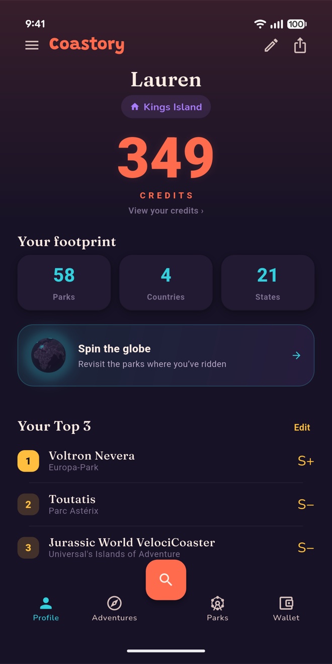 Lauren’s Coastory profile, showing 349 credits, parks visited, and her three favorite coasters.
