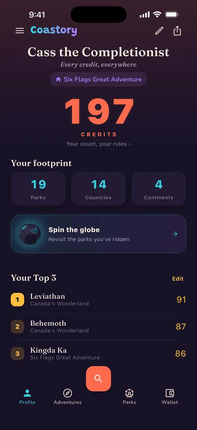A Coastory profile in the app: 197 credits, a footprint of 19 parks across 14 countries and 4 continents, and a Top 3 of Leviathan, Behemoth and Kingda Ka.