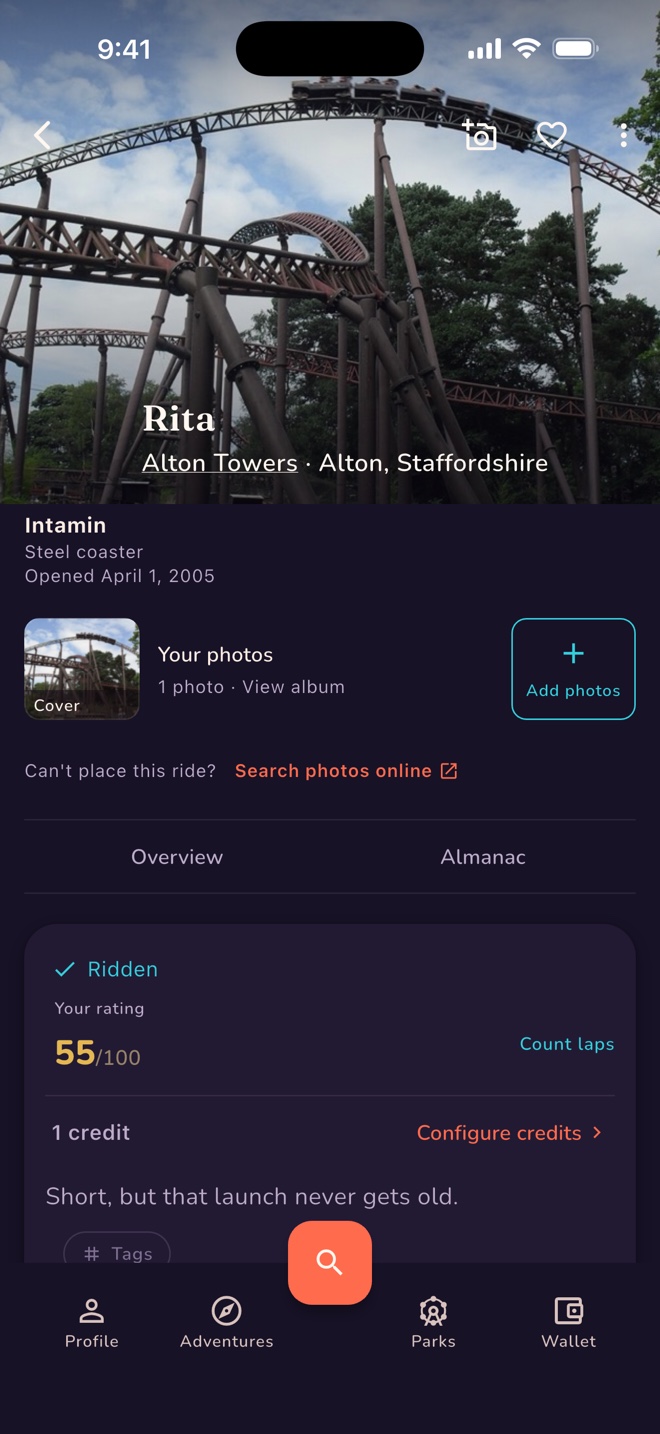 Rita at Alton Towers, showing a sample cover photo, a rating of 55 out of 100, and the rider note: Short, but that launch never gets old.