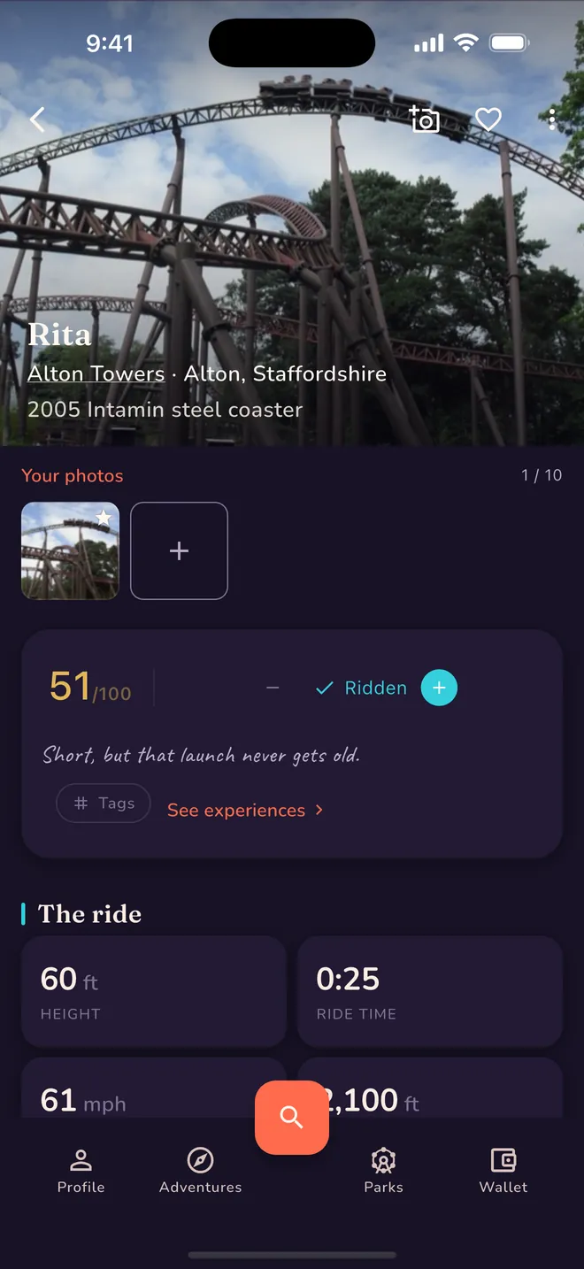 Rita at Alton Towers in the app: the rider&rsquo;s own photo of the coaster as the header, a score of 51 out of 100 with the handwritten line &lsquo;Short, but that launch never gets old&rsquo;, and the ride&rsquo;s height, ride time, speed and length underneath.